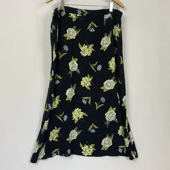 Vtg Sag Harbor Skirt Large Black Green Floral Button Front Midi Fairy Grunge Y2K - Picture 4 of 10